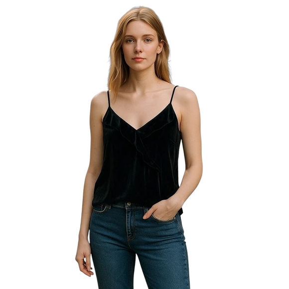 J. Crew Black Velvet V Neck Ruffle Tank Top 4 Preowned - Picture 1 of 9